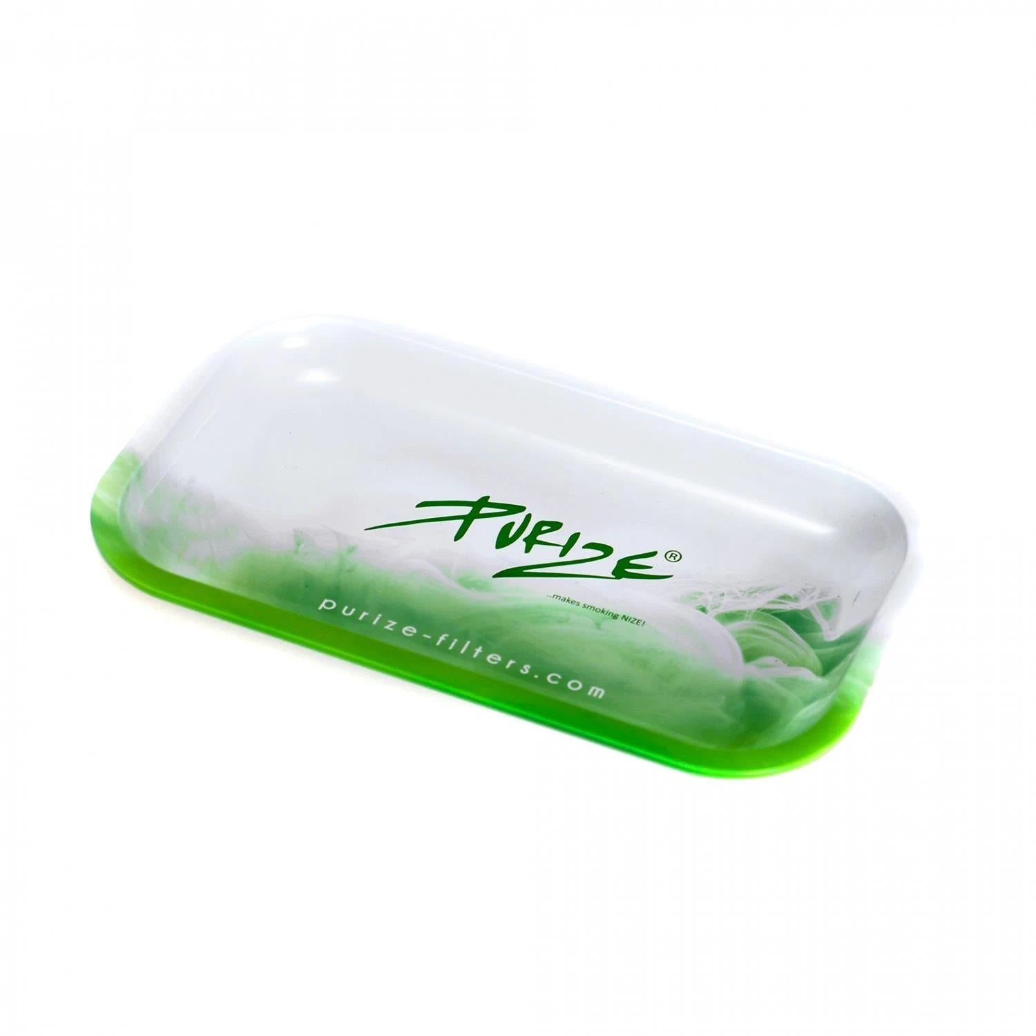 PURIZE Rolling Tray im Clouds-Design, Metall-Rolltablett in Weiß-Grün mit grünem PURIZE Logo und Schriftzug makes smoking NIZE